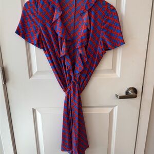 Diane Von Furstenberg 100% Silk Red and Blue Geometric Wrap Dress